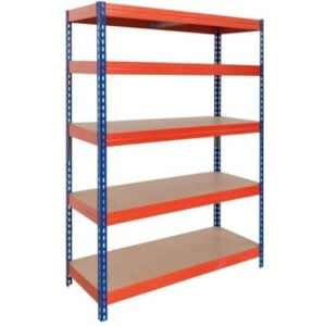 Метален стелаж с 5 рафта Arshelving RIVET300 EB44, до 300 кг на рафт, 192x100x50 см, безболтов, за склад и организация в синьо и оранжево