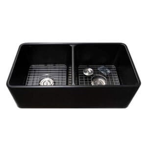 Керамична кухненска мивка Cascada черен мат с две корита, двойна керамична мивка за кухня