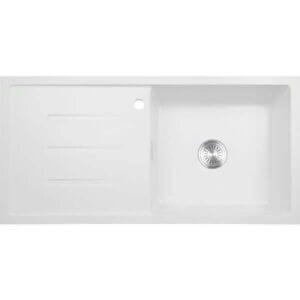Кухненска мивка Cascada с едно корито и отцедник, бяла гранитна кухненска мивка с преливник и сифон