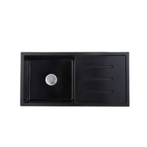 Кухненска мивка Cascada с едно корито и отцедник, черна гранитна мивка с преливник и сифон