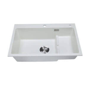 Кухненска мивка Cascada с помощно корито, бяла гранитна мивка с преливник и включен сифон