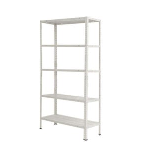 Метален стелаж с 5 рафта Basic-50 White, до 50 кг на рафт, 170x75x30 см с болтово сглобяване и бял дизайн.